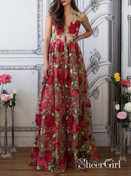 Red Floral Prom Dresses Embroidery See ...